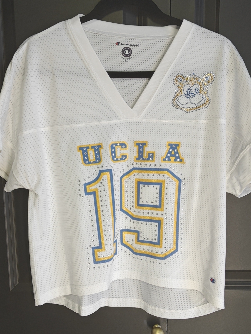 Champion White UCLA Rhinestone Jersey Top with Blue and Gold Accents